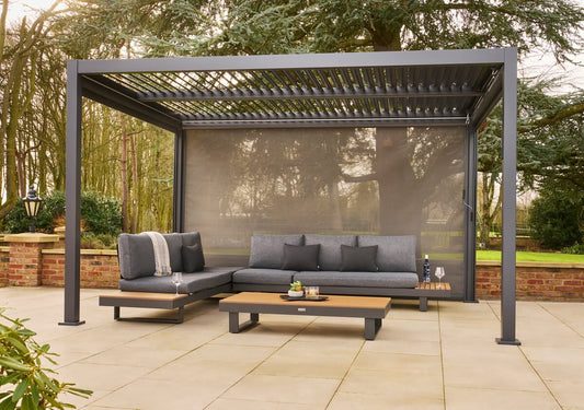Nexus Pergola Bundle - Grey Aluminium 3m x 3m with LEDs and 3 Screens - SGP Garden Ltd