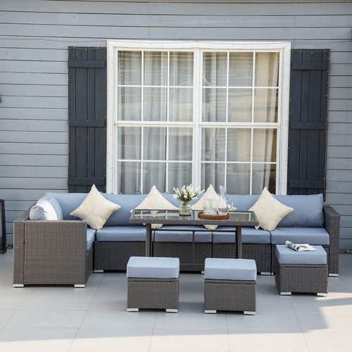 10 Pcs Rattan Sofa Set-Grey/Dusty Blue Cushion - SGP Garden Ltd