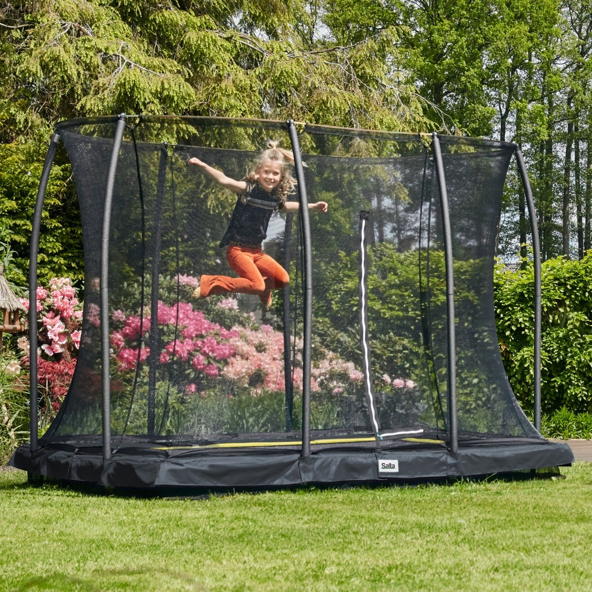 10ft x 7ft Salta Black Rectangular Comfort Edition Inground Trampoline with Enclosure - SGP Garden Ltd