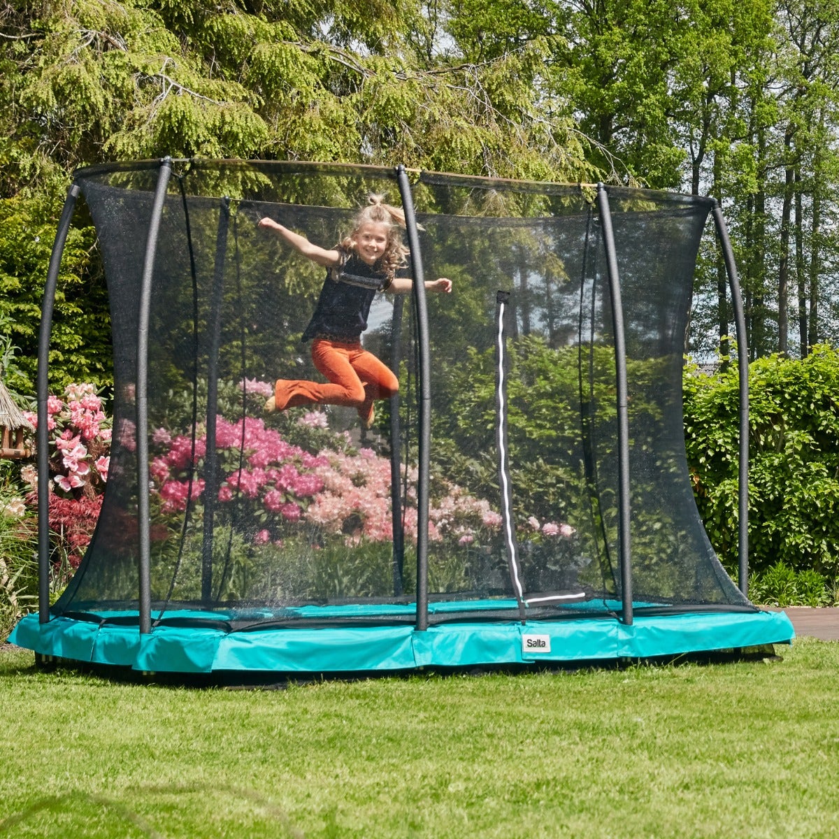10ft x 7ft Salta Green Rectangular Comfort Edition Inground Trampoline with Enclosure - SGP Garden Ltd