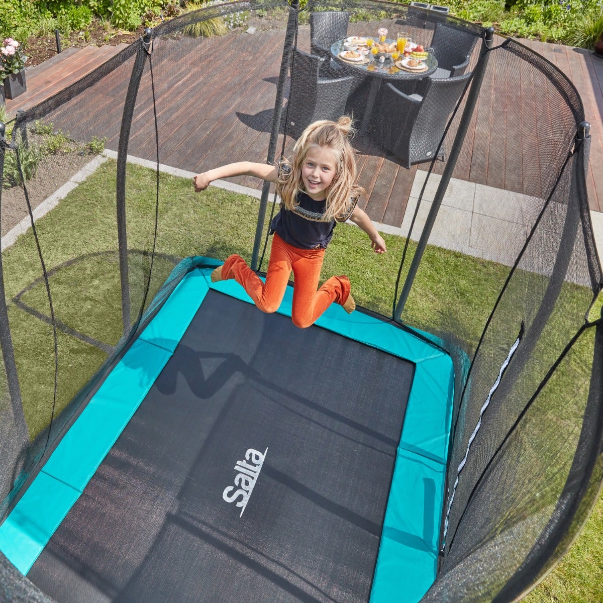 10ft x 7ft Salta Green Rectangular Comfort Edition Inground Trampoline with Enclosure - SGP Garden Ltd