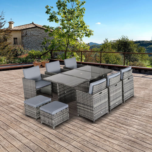 11pc Rattan Garden Dining Set - 10 Cube Sofa, 6 Chairs, 4 Footrests & 1 Table - SGP Garden Ltd