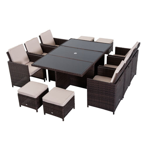 11pc Rattan Garden Dining Set - 10 Cube Sofa, 6 Chairs, 4 Footrests & 1 Table - SGP Garden Ltd