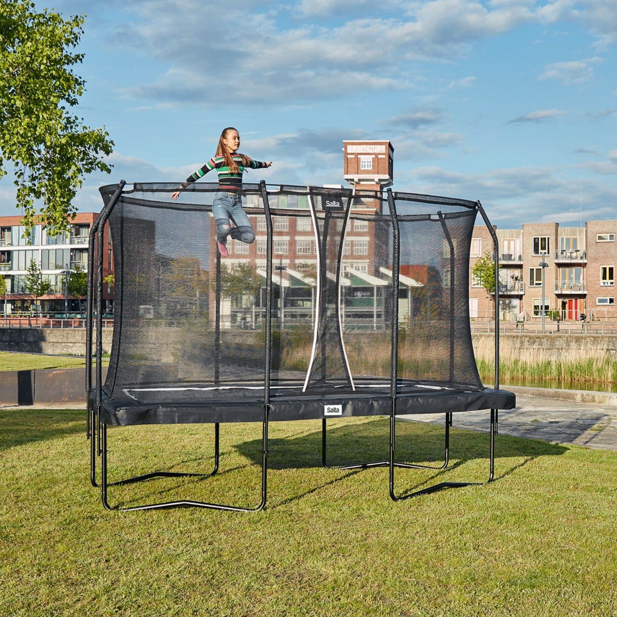 13ft x 8ft Salta Black Rectangular Premium Edition Trampoline with Enclosure - SGP Garden Ltd