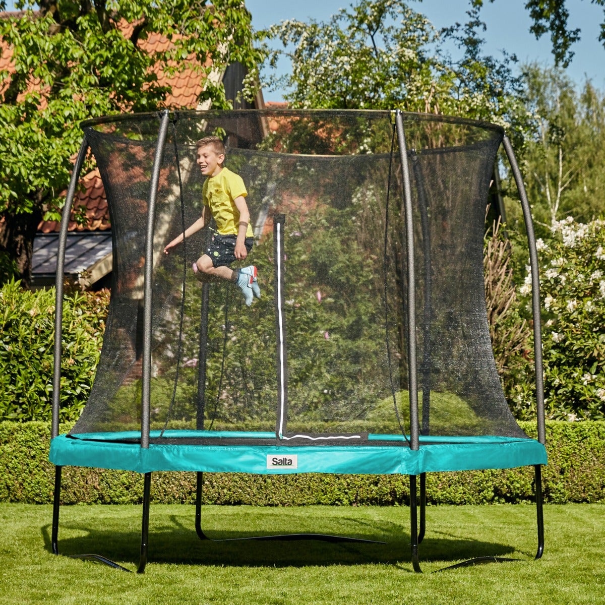 14ft Salta Green Round Comfort Edition Trampoline with Enclosure - SGP Garden Ltd