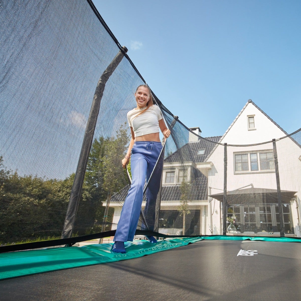 14ft x 8ft Salta Green Rectangular First Class Trampoline with Enclosure - SGP Garden Ltd