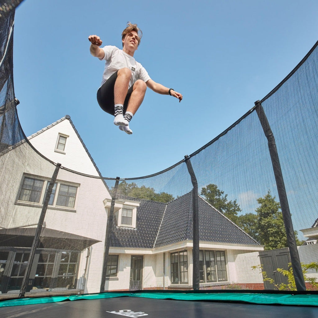 14ft x 8ft Salta Green Rectangular First Class Trampoline with Enclosure - SGP Garden Ltd