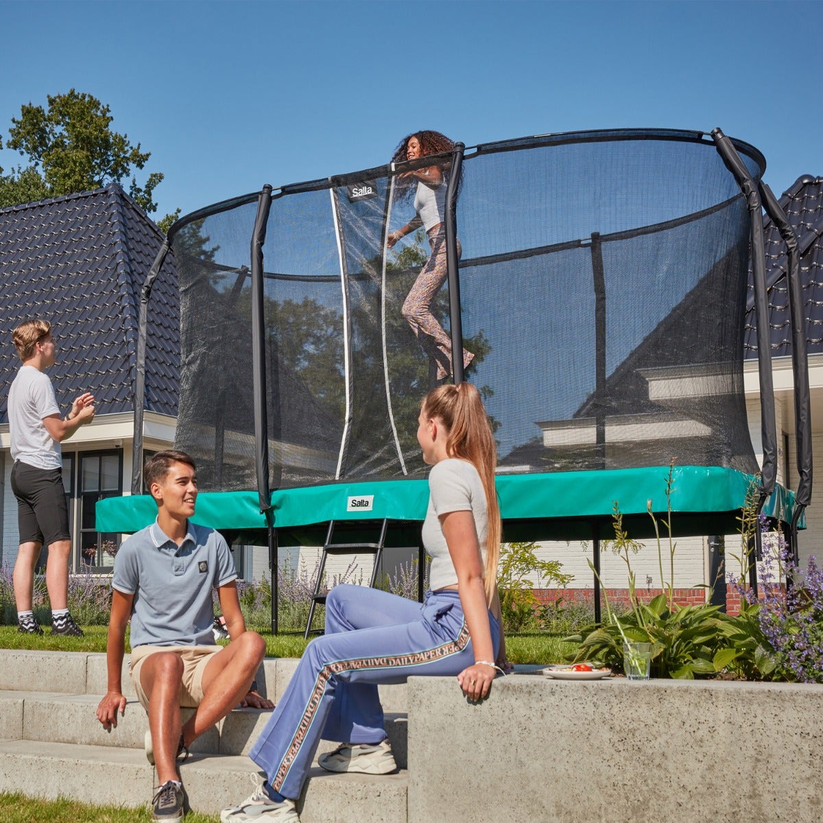 14ft x 8ft Salta Green Rectangular First Class Trampoline with Enclosure - SGP Garden Ltd