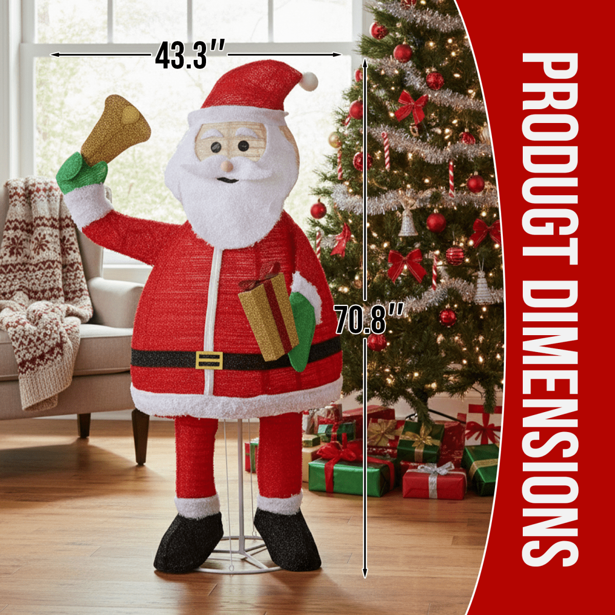 1.8M Lighted Santa Claus Holding Bell Christmas Yard Decorations, Pre-lit Pull Up Santa with 200 Warm White LEDs, for Xmas Outdoor Holiday Indoor Decor Lighted Holiday Displays - SGP Garden Ltd
