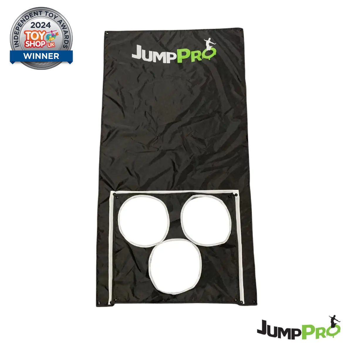 Black mat with white circles and JumpPro branding, featuring a 2024 Toy Shop UK award badge.