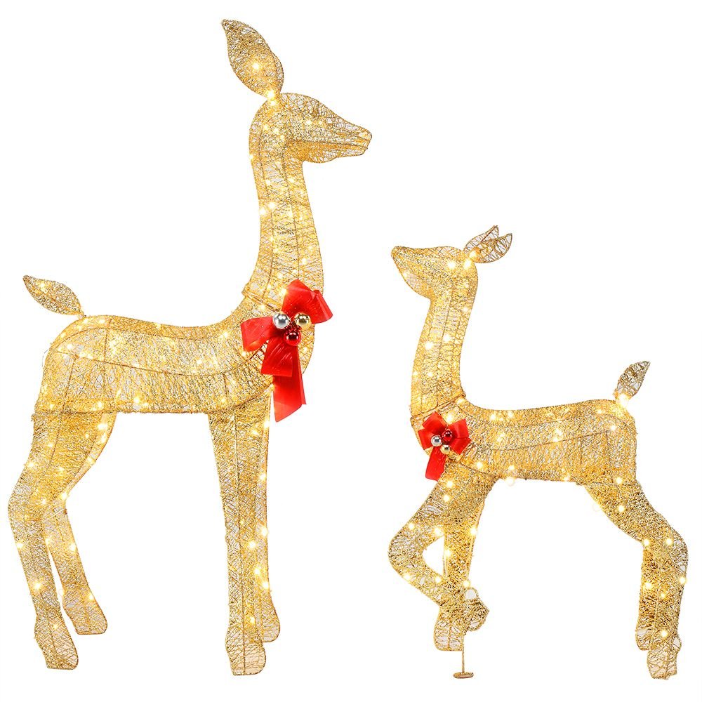 2-Piece Lighted Christmas Deer Family, Outdoor Yard Decoration Set with 210 LEDs Warm White Light, Gold - SGP Garden Ltd