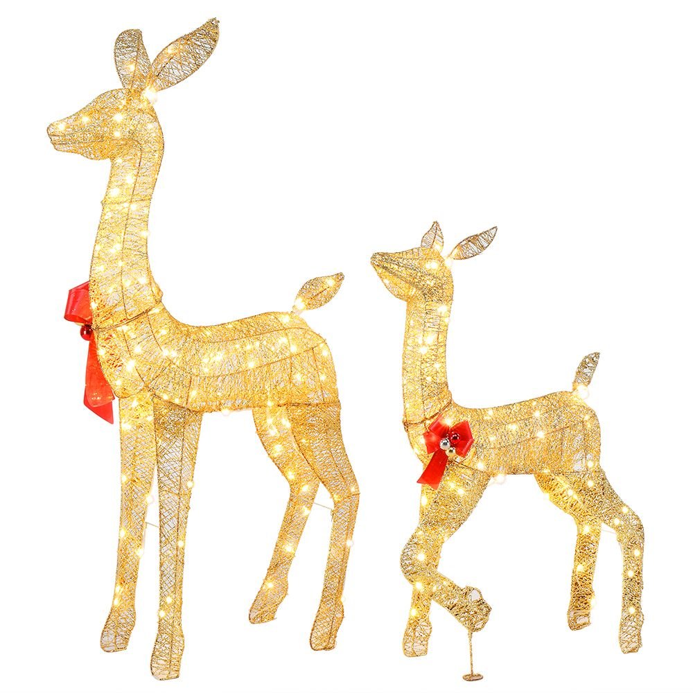 2-Piece Lighted Christmas Deer Family, Outdoor Yard Decoration Set with 210 LEDs Warm White Light, Gold - SGP Garden Ltd