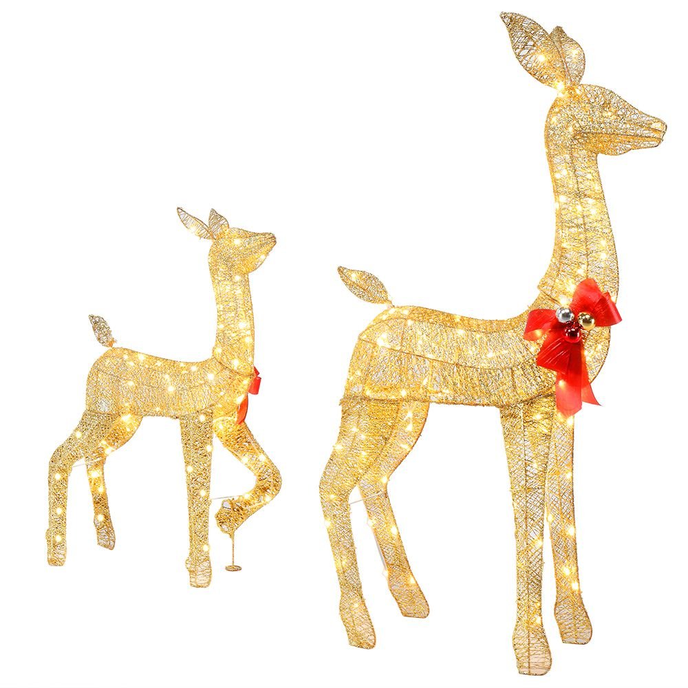 2-Piece Lighted Christmas Deer Family, Outdoor Yard Decoration Set with 210 LEDs Warm White Light, Gold - SGP Garden Ltd
