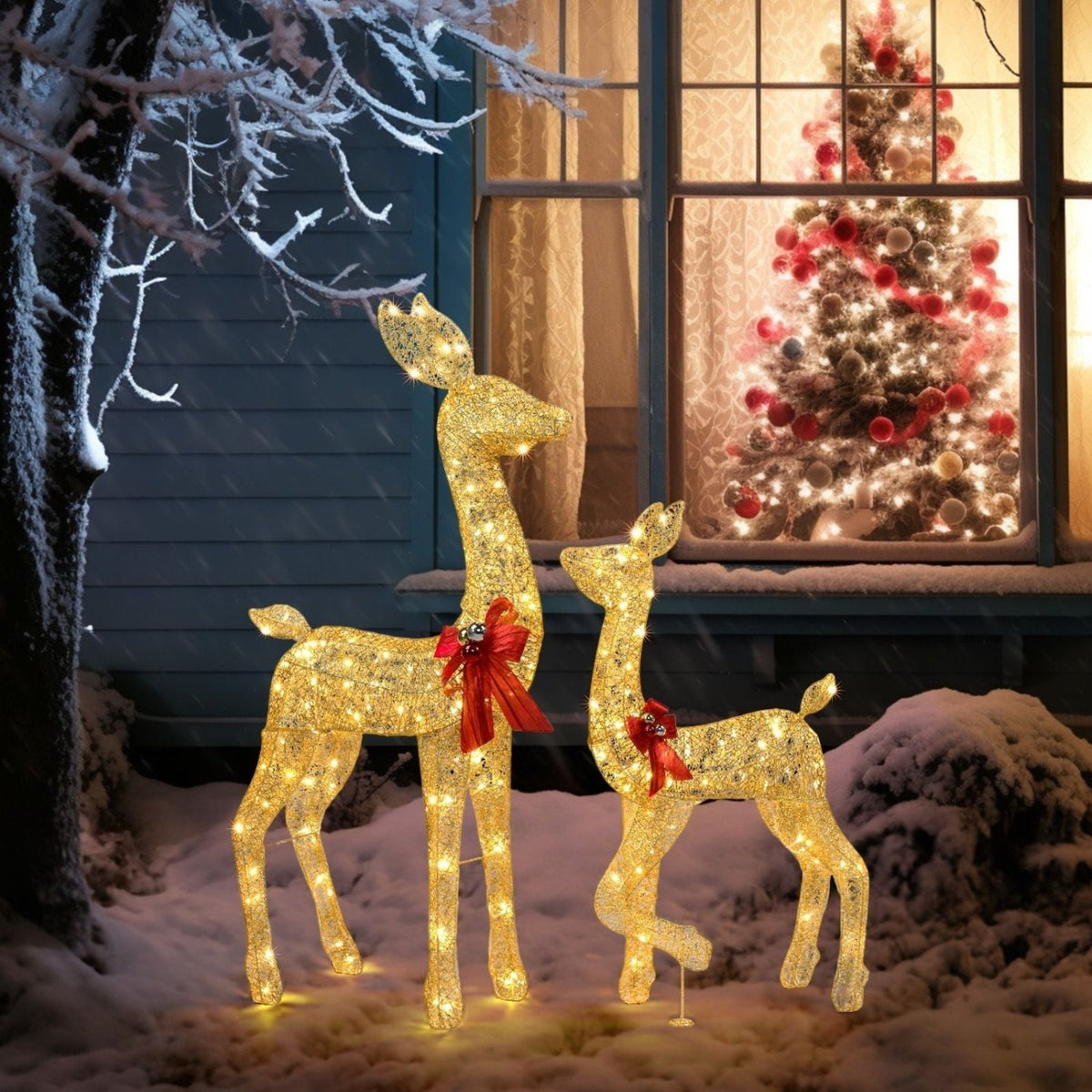 2-Piece Lighted Christmas Deer Family, Outdoor Yard Decoration Set with 210 LEDs Warm White Light, Gold - SGP Garden Ltd