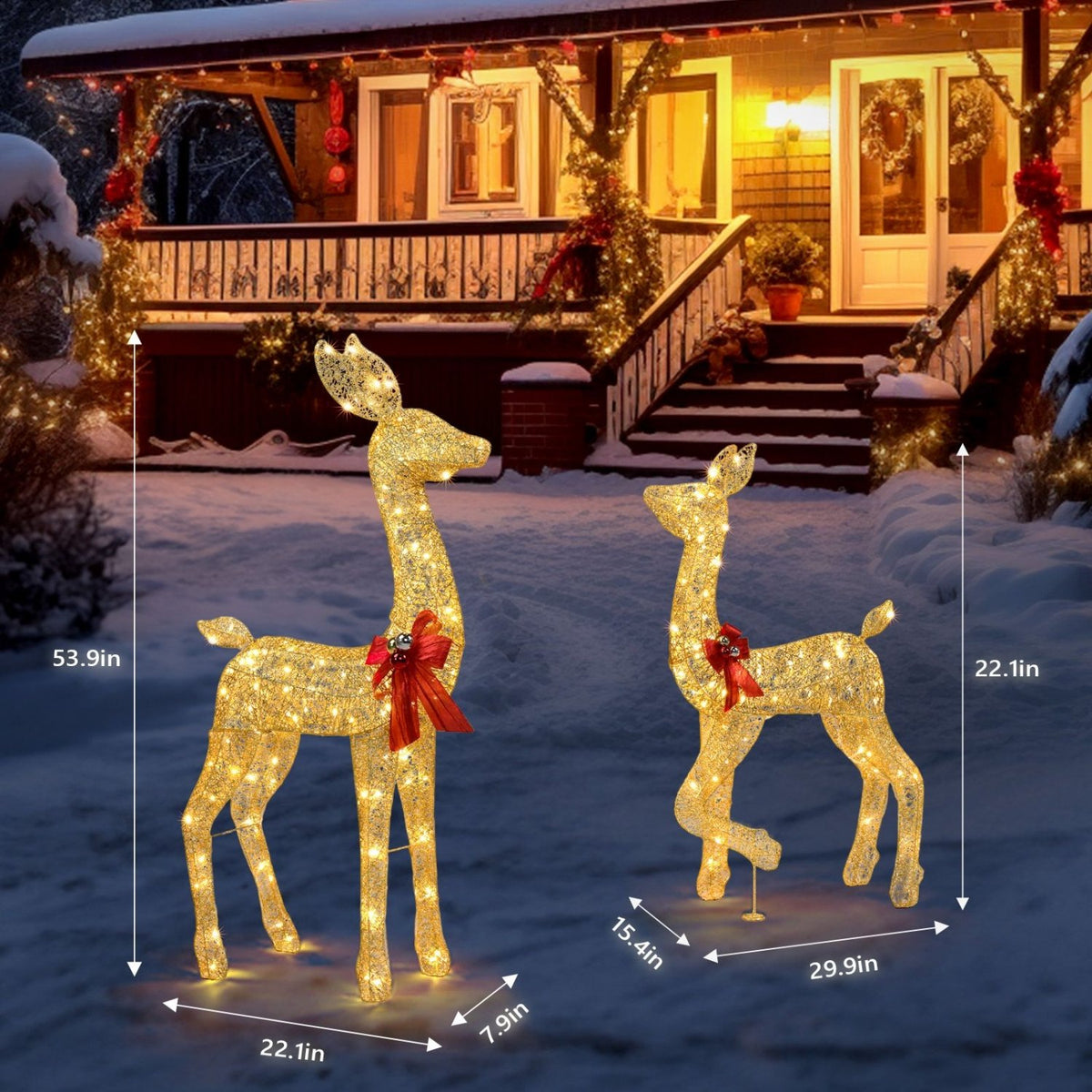 2-Piece Lighted Christmas Deer Family, Outdoor Yard Decoration Set with 210 LEDs Warm White Light, Gold - SGP Garden Ltd