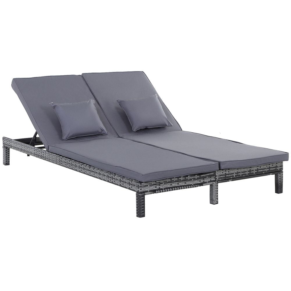 2 Seater Rattan Lounger Wicker Adjustable Double w/ Cushions Grey - SGP Garden Ltd