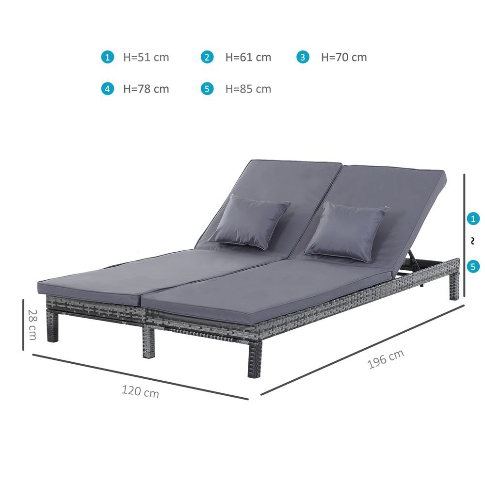 2 Seater Rattan Lounger Wicker Adjustable Double w/ Cushions Grey - SGP Garden Ltd