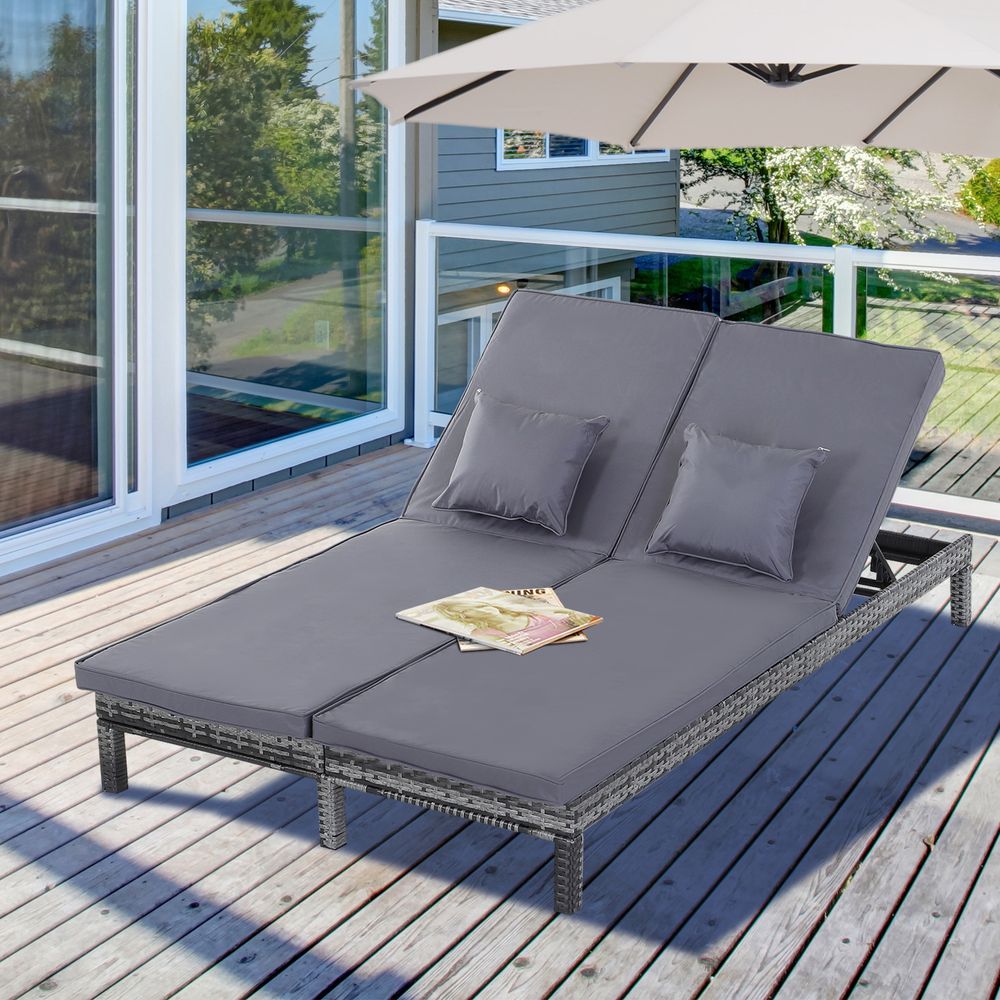 2 Seater Rattan Lounger Wicker Adjustable Double w/ Cushions Grey - SGP Garden Ltd