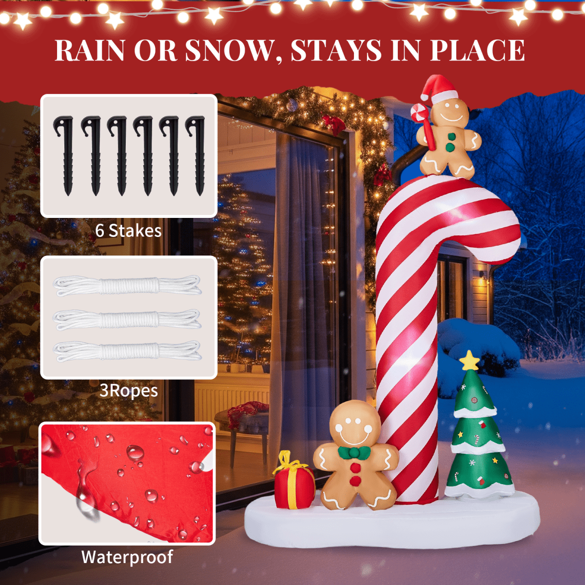 2.45M Lighted Christmas Inflatable Decoration, Inflatable Giant Candy Cane with Gingerbread Men, Funny Blow Up Yard Decorations with Built-in LED Lights for Holiday Party Front Yard Lawn Garden Decor - SGP Garden Ltd