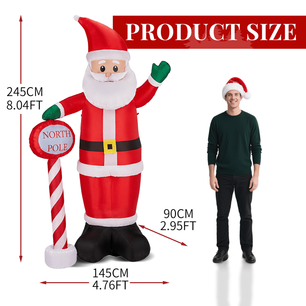 2.45M Lighted Christmas Inflatable Decoration, Inflatable Santa with North Pole Road Sign, Funny Blow Up Yard Decorations with Built-in LED Lights for Holiday Party Front Yard Lawn Garden Decor - SGP Garden Ltd