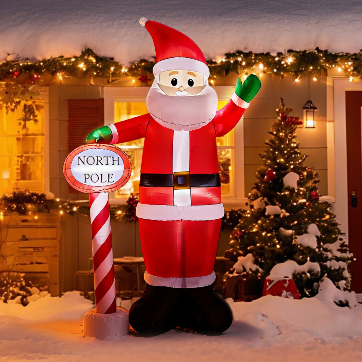 2.45M Lighted Christmas Inflatable Decoration, Inflatable Santa with North Pole Road Sign, Funny Blow Up Yard Decorations with Built-in LED Lights for Holiday Party Front Yard Lawn Garden Decor - SGP Garden Ltd
