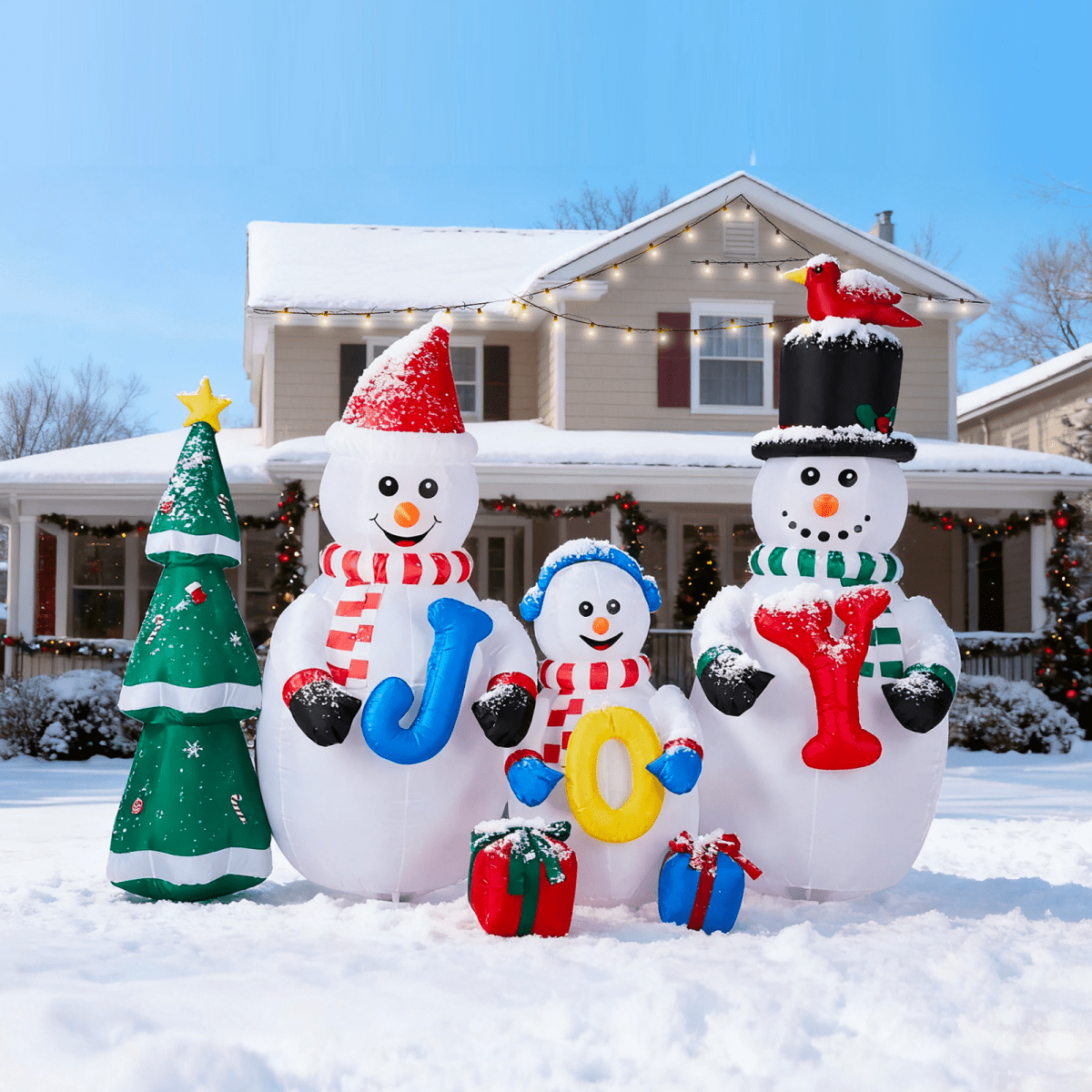 2.4M Lighted Christmas Inflatable Decoration, Inflatable Snowman Family with JOY and Xmas Tree, Funny Blow Up Yard Decorations with Built-in LED Lights for Holiday Party Front Yard Lawn Garden Decor - SGP Garden Ltd