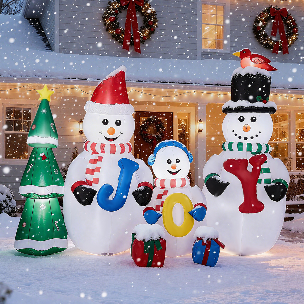 2.4M Lighted Christmas Inflatable Decoration, Inflatable Snowman Family with JOY and Xmas Tree, Funny Blow Up Yard Decorations with Built-in LED Lights for Holiday Party Front Yard Lawn Garden Decor - SGP Garden Ltd