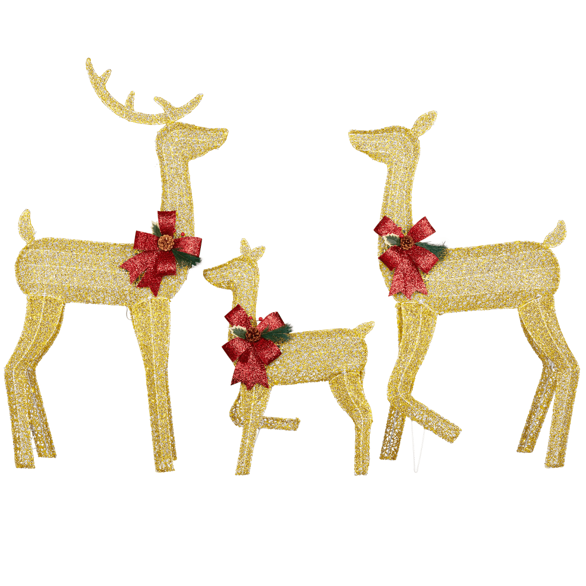 3-Piece Lighted Christmas Reindeer Family Set Outdoor Decorations, Weather Proof 2D Deer Family Set of 3 Christmas Ornament Home Decor Pre-lit 200 LED Warm White Lights with Stakes, Golden - SGP Garden Ltd