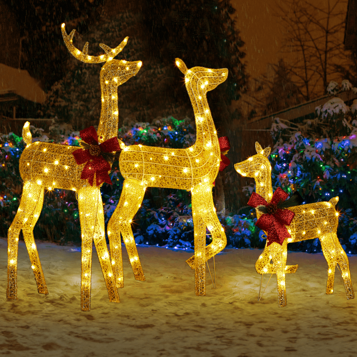 3-Piece Lighted Christmas Reindeer Family Set Outdoor Decorations, Weather Proof 2D Deer Family Set of 3 Christmas Ornament Home Decor Pre-lit 200 LED Warm White Lights with Stakes, Golden - SGP Garden Ltd