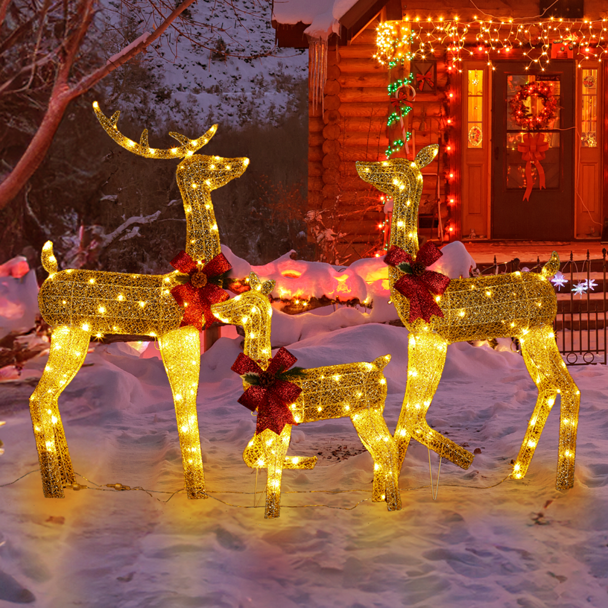 3-Piece Lighted Christmas Reindeer Family Set Outdoor Decorations, Weather Proof 2D Deer Family Set of 3 Christmas Ornament Home Decor Pre-lit 200 LED Warm White Lights with Stakes, Golden - SGP Garden Ltd