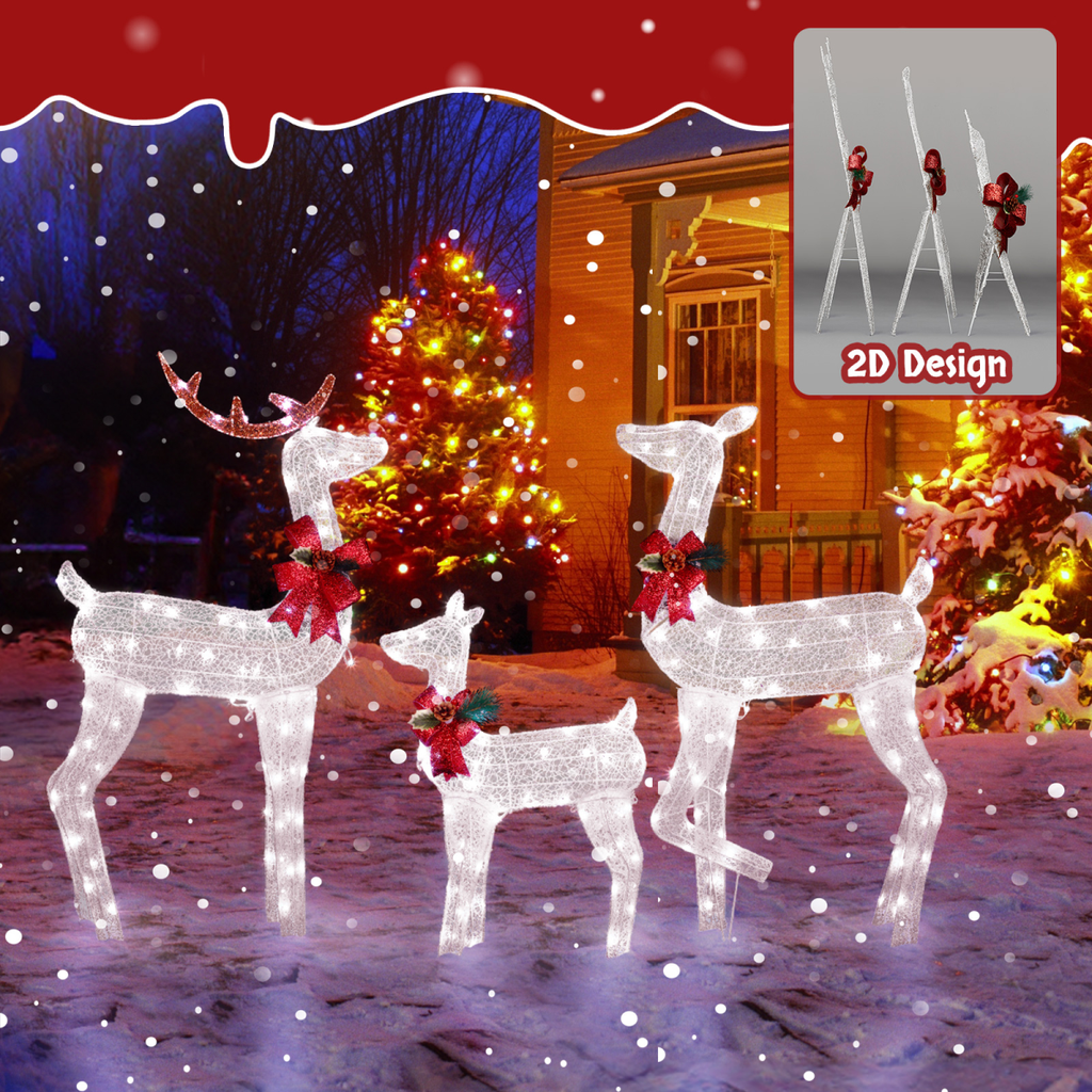 3-Piece Lighted Christmas Reindeer Family Set Outdoor Decorations, Weather Proof 2D Deer Family Set of 3 Christmas Ornament Home Decor Pre-lit 200 LED White Lights with Stakes, White - SGP Garden Ltd