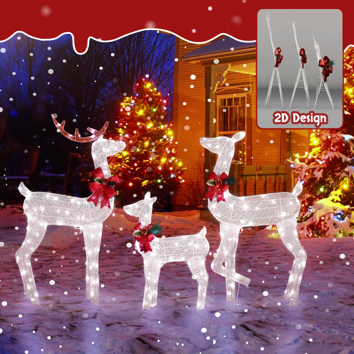 3-Piece Lighted Christmas Reindeer Family Set Outdoor Decorations, Weather Proof 2D Deer Family Set of 3 Christmas Ornament Home Decor Pre-lit 200 LED White Lights with Stakes, White - SGP Garden Ltd