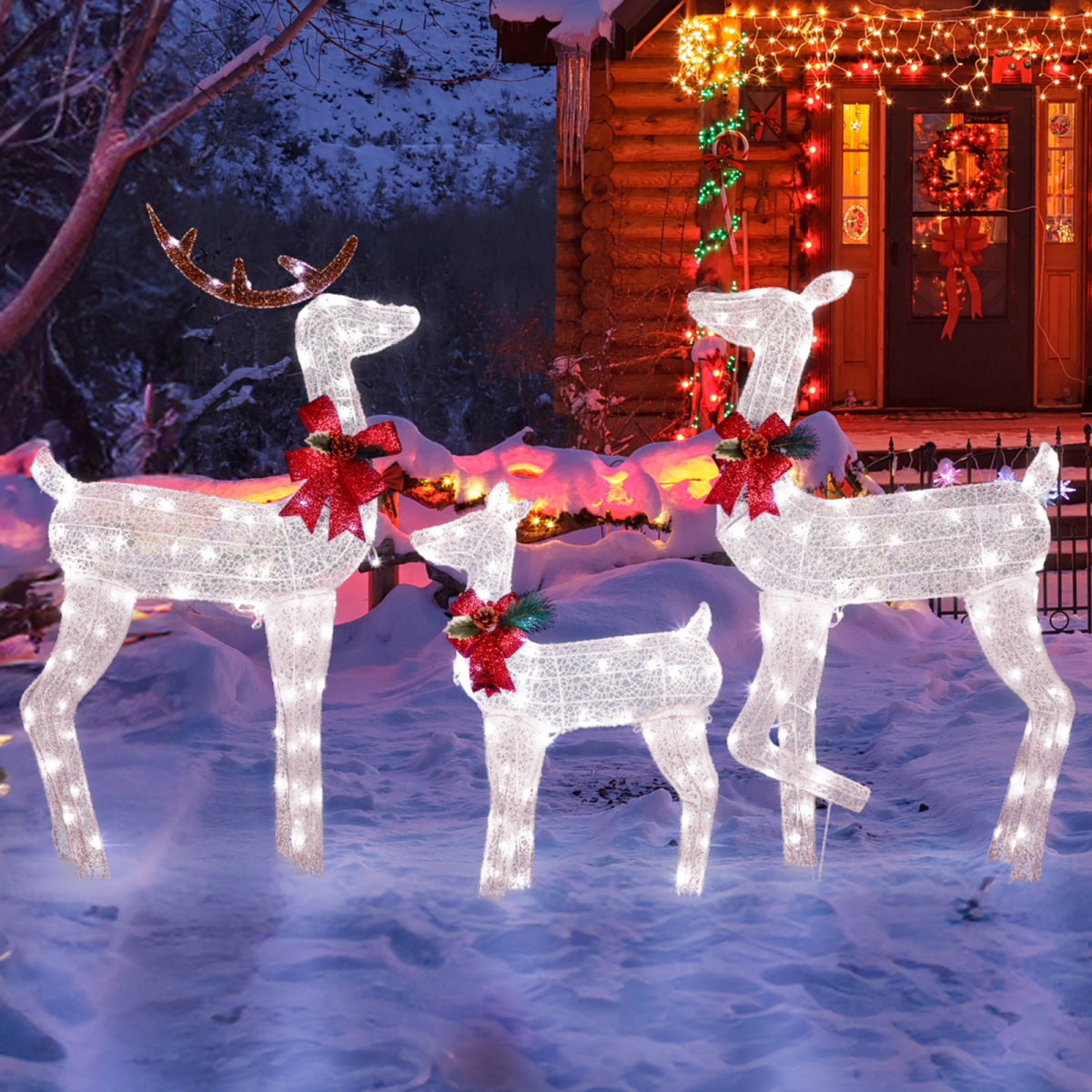 3-Piece Lighted Christmas Reindeer Family Set Outdoor Decorations, Weather Proof 2D Deer Family Set of 3 Christmas Ornament Home Decor Pre-lit 200 LED White Lights with Stakes, White - SGP Garden Ltd