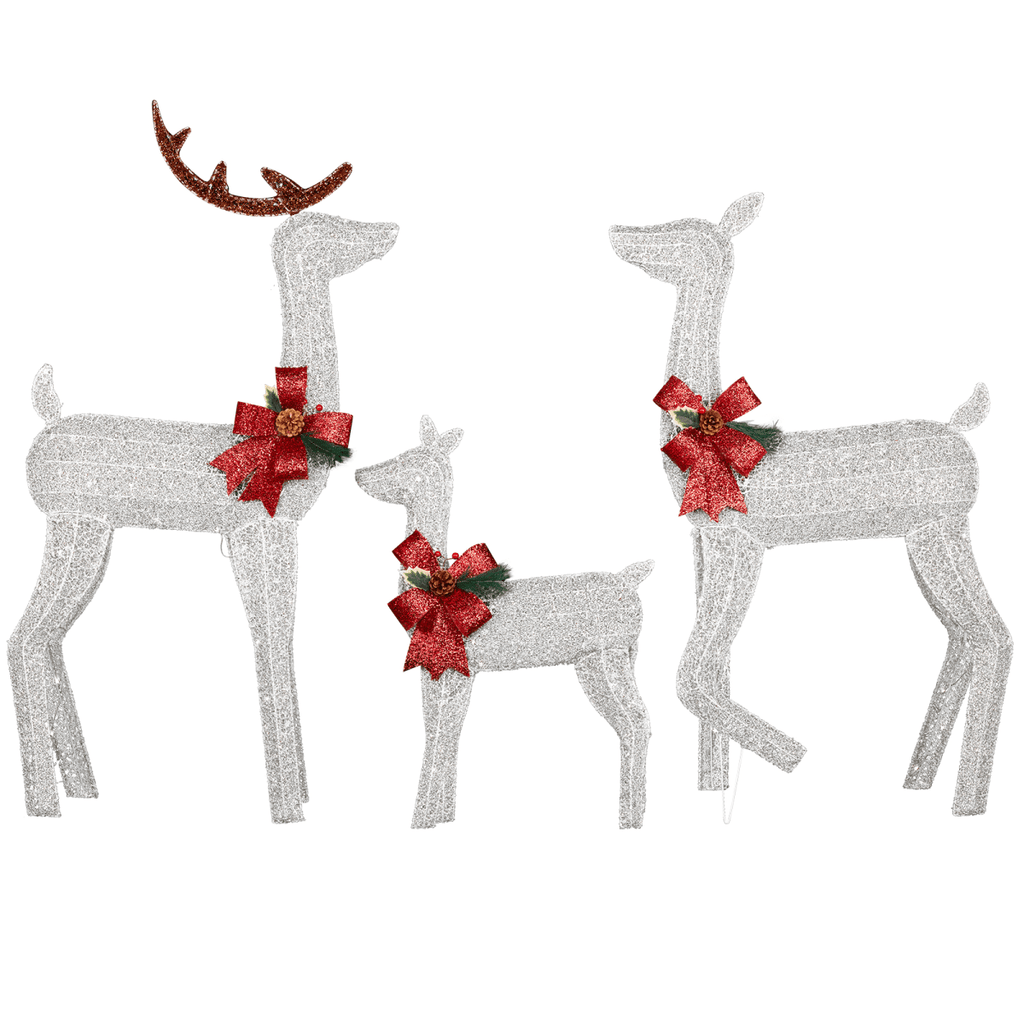 3-Piece Lighted Christmas Reindeer Family Set Outdoor Decorations, Weather Proof 2D Deer Family Set of 3 Christmas Ornament Home Decor Pre-lit 200 LED White Lights with Stakes, White - SGP Garden Ltd