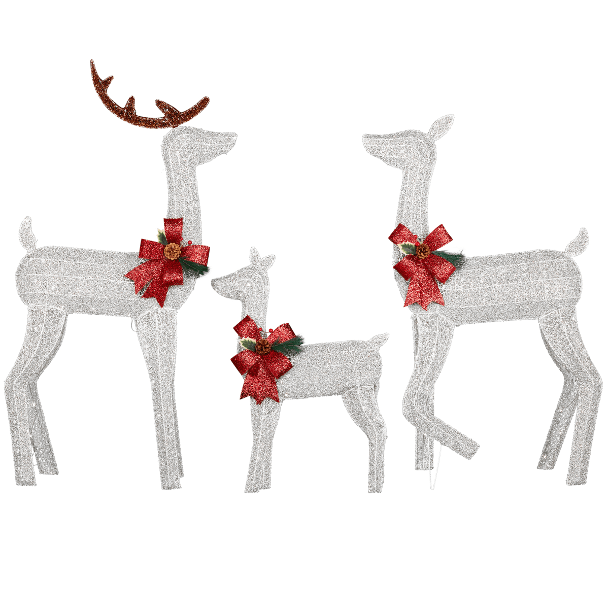 3-Piece Lighted Christmas Reindeer Family Set Outdoor Decorations, Weather Proof 2D Deer Family Set of 3 Christmas Ornament Home Decor Pre-lit 200 LED White Lights with Stakes, White - SGP Garden Ltd