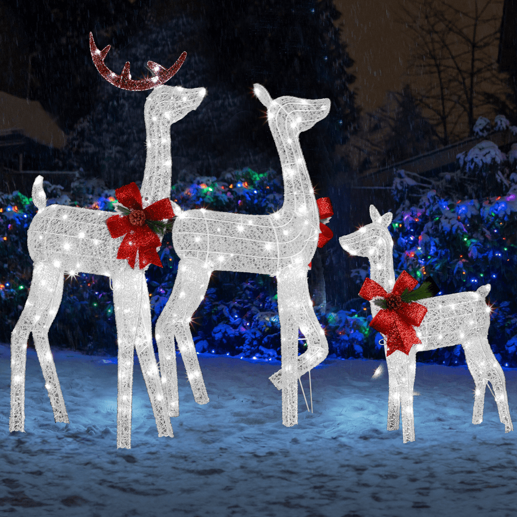 3-Piece Lighted Christmas Reindeer Family Set Outdoor Decorations, Weather Proof 2D Deer Family Set of 3 Christmas Ornament Home Decor Pre-lit 200 LED White Lights with Stakes, White - SGP Garden Ltd