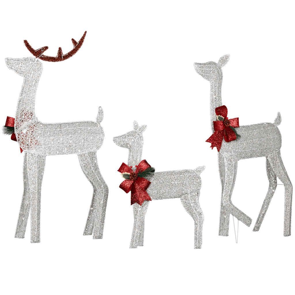 3-Piece Lighted Christmas Reindeer Family Set Outdoor Decorations, Weather Proof 2D Deer Family Set of 3 Christmas Ornament Home Decor Pre-lit 200 LED White Lights with Stakes, White - SGP Garden Ltd