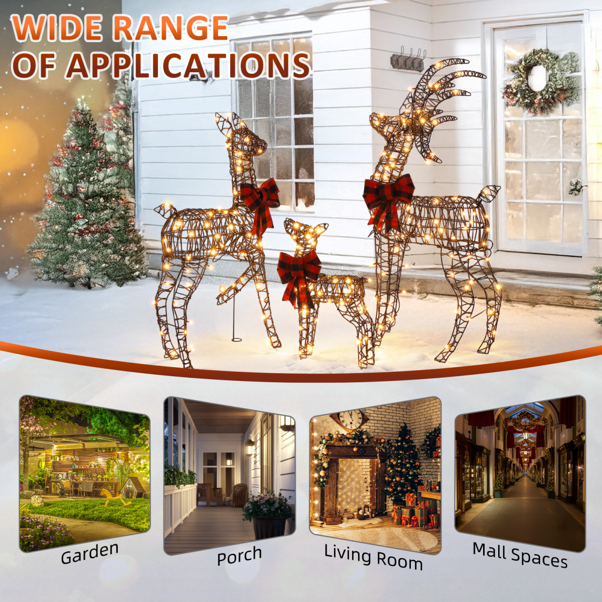 3-Piece Lighted Christmas Reindeer Family Set Outdoor Decorations, Weather Proof Rattan Deer Family Set of 3 Christmas Ornament Home Decor Pre-lit 210 LED Warm White Lights, 4FT, Brown - SGP Garden Ltd