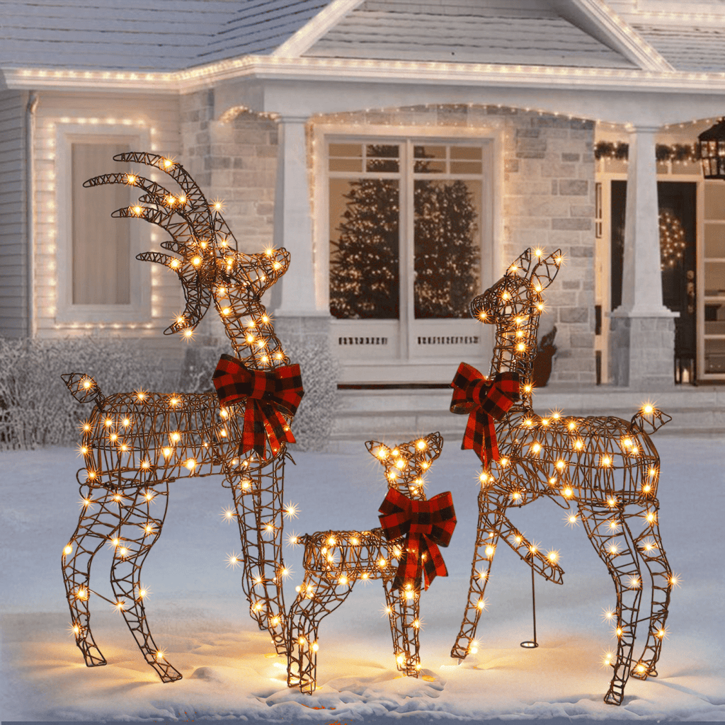 3-Piece Lighted Christmas Reindeer Family Set Outdoor Decorations, Weather Proof Rattan Deer Family Set of 3 Christmas Ornament Home Decor Pre-lit 210 LED Warm White Lights, 4FT, Brown - SGP Garden Ltd