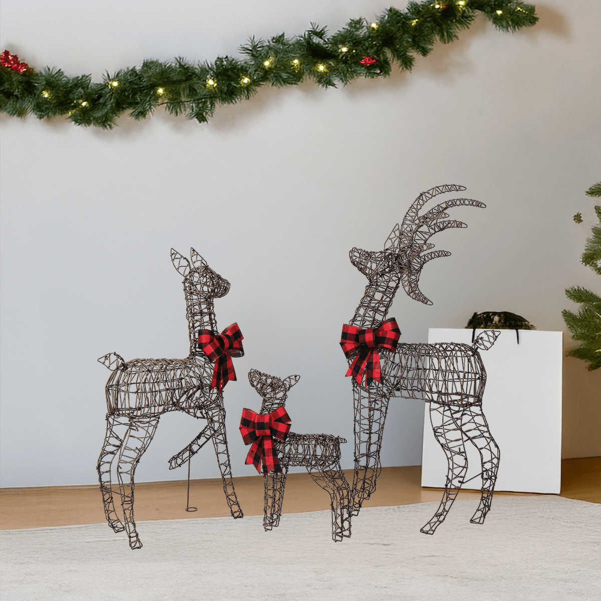 3-Piece Lighted Christmas Reindeer Family Set Outdoor Decorations, Weather Proof Rattan Deer Family Set of 3 Christmas Ornament Home Decor Pre-lit 210 LED Warm White Lights, 4FT, Brown - SGP Garden Ltd