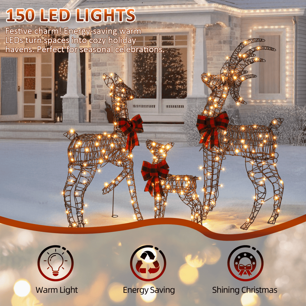 3-Piece Lighted Christmas Reindeer Family Set Outdoor Decorations, Weather Proof Rattan Deer Family Set of 3 Christmas Ornament Home Decor Pre-lit 210 LED Warm White Lights, 4FT, Brown - SGP Garden Ltd
