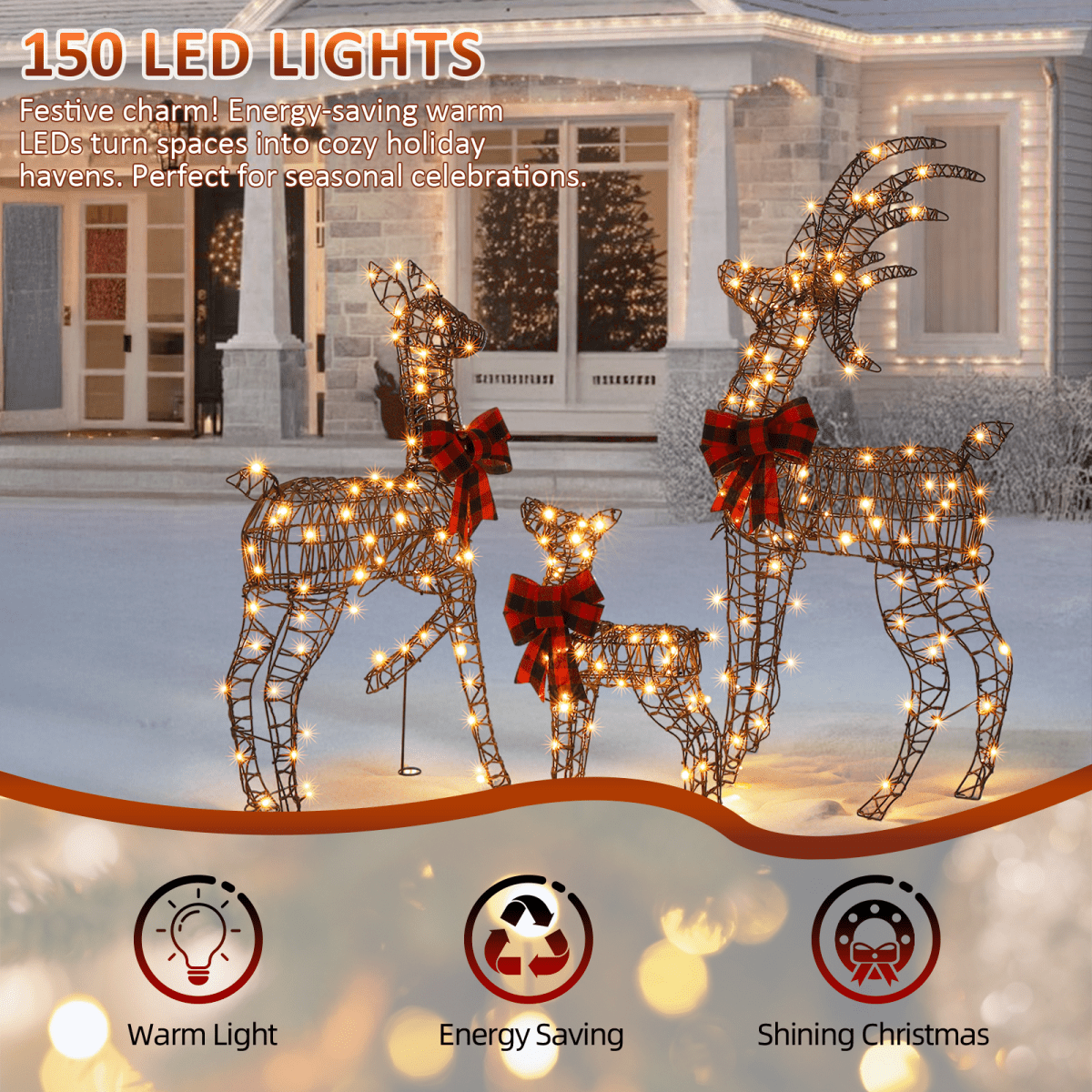 3-Piece Lighted Christmas Reindeer Family Set Outdoor Decorations, Weather Proof Rattan Deer Family Set of 3 Christmas Ornament Home Decor Pre-lit 210 LED Warm White Lights, 4FT, Brown - SGP Garden Ltd