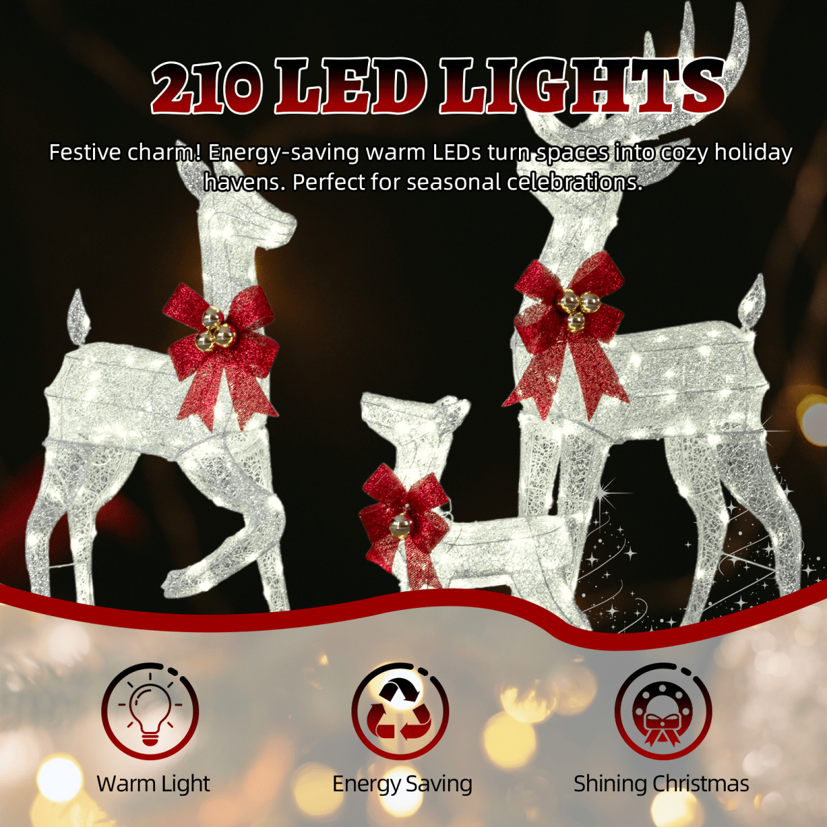 3-Piece Lighted Christmas Reindeer Family Set Outdoor Decorations, Weather Proof Sparkling Deer Family Set of 3 Christmas Ornament Home Decor Pre-lit 210 LED Warm White Lights, 4FT, Silver - SGP Garden Ltd