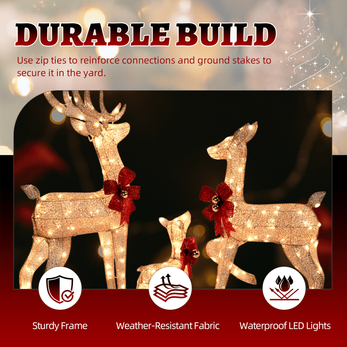 3-Piece Lighted Christmas Reindeer Family Set Outdoor Decorations, Weather Proof Sparkling Deer Family Set of 3 Christmas Ornament Home Decor Pre-lit 210 LED Warm White Lights, 4FT, Golden - SGP Garden Ltd