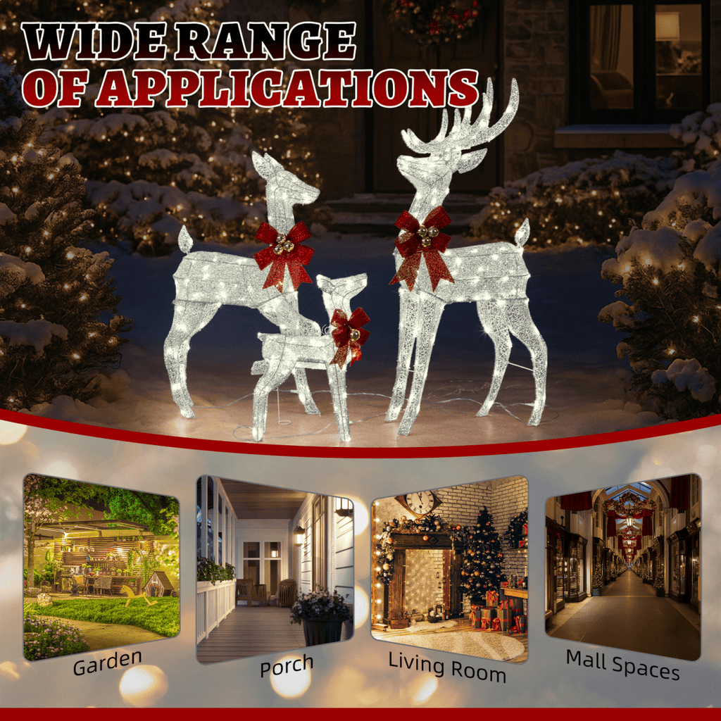 3-Piece Lighted Christmas Reindeer Family Set Outdoor Decorations, Weather Proof Sparkling Deer Family Set of 3 Christmas Ornament Home Decor Pre-lit 210 LED Warm White Lights, 4FT, Silver - SGP Garden Ltd