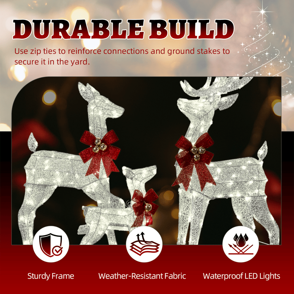 3-Piece Lighted Christmas Reindeer Family Set Outdoor Decorations, Weather Proof Sparkling Deer Family Set of 3 Christmas Ornament Home Decor Pre-lit 210 LED Warm White Lights, 4FT, Silver - SGP Garden Ltd