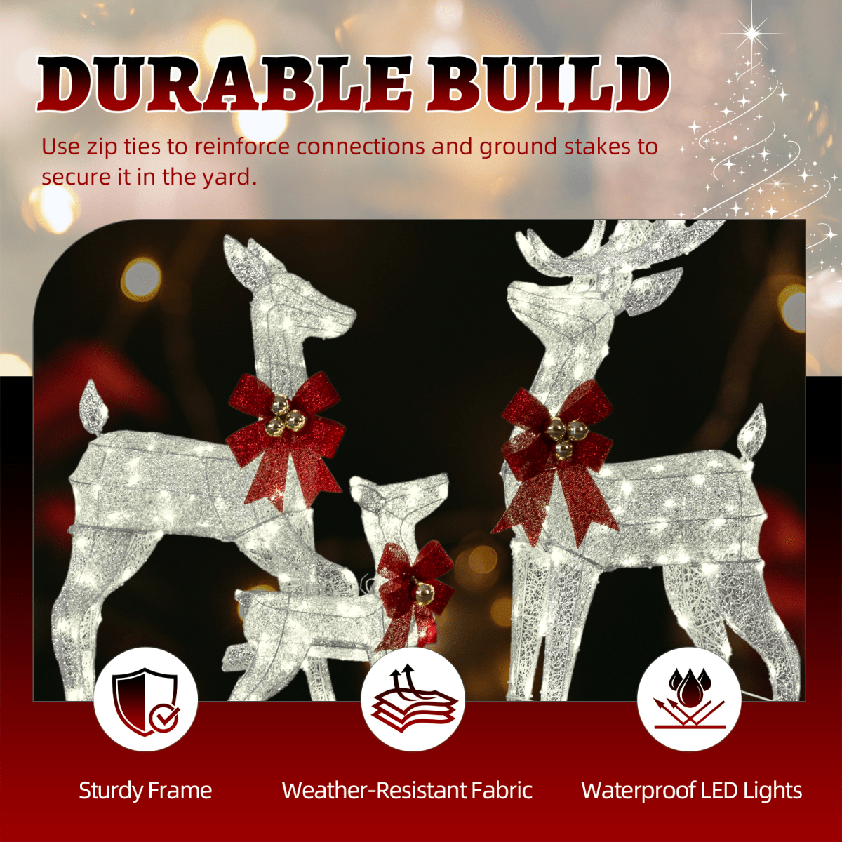 3-Piece Lighted Christmas Reindeer Family Set Outdoor Decorations, Weather Proof Sparkling Deer Family Set of 3 Christmas Ornament Home Decor Pre-lit 210 LED Warm White Lights, 4FT, Silver - SGP Garden Ltd
