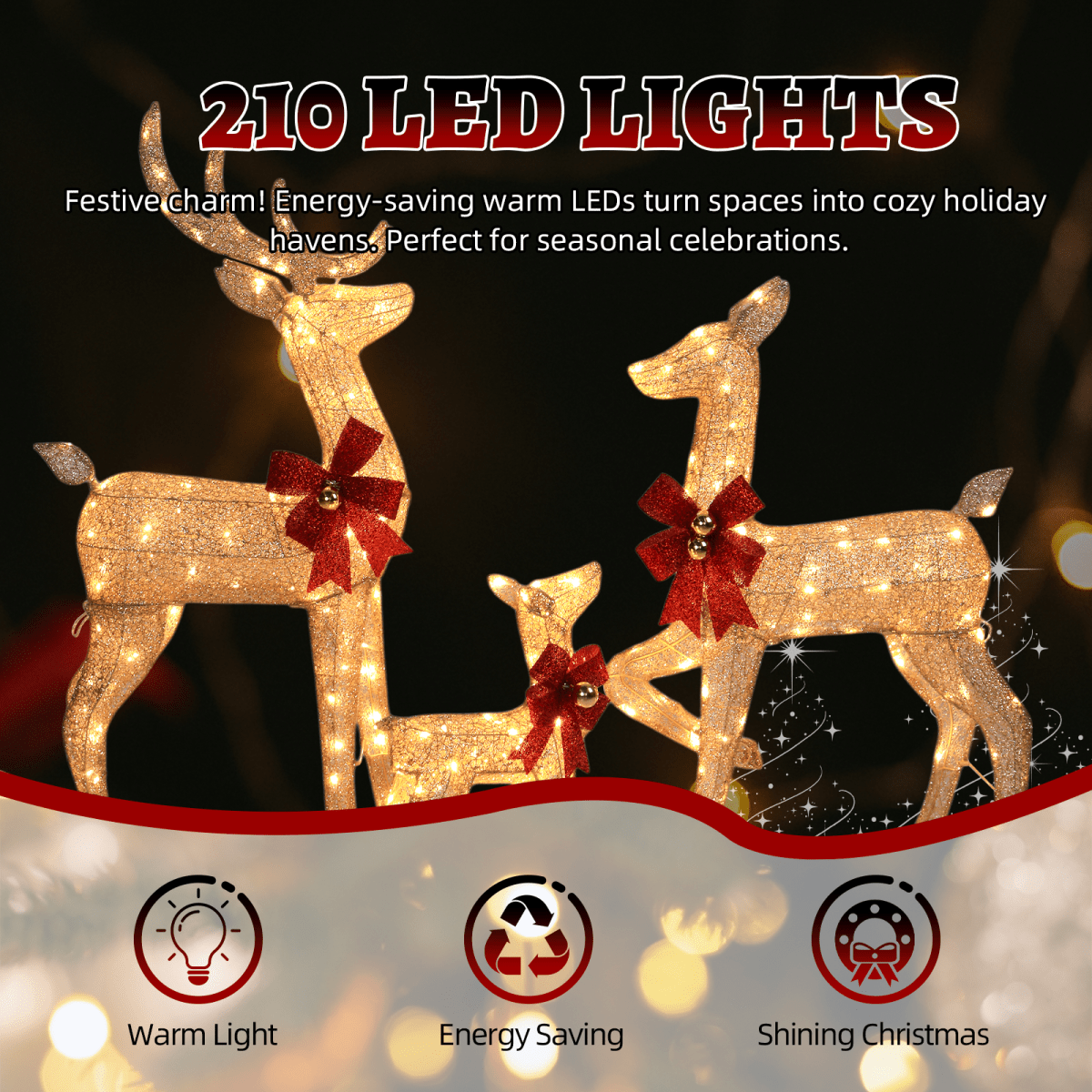 3-Piece Lighted Christmas Reindeer Family Set Outdoor Decorations, Weather Proof Sparkling Deer Family Set of 3 Christmas Ornament Home Decor Pre-lit 210 LED Warm White Lights, 4FT, Golden - SGP Garden Ltd