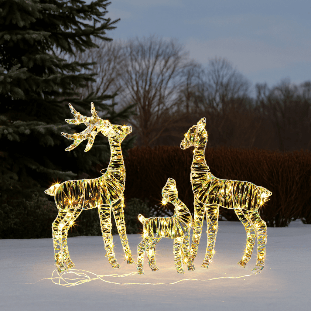 3-Piece Lighted Iridescent Christmas Reindeer Family Set Outdoor Decorations, Weather Proof Deer Family Set of 3 Christmas Ornament Home Decor Pre-lit 110 LED Warm White Lights, 2.4FT - SGP Garden Ltd