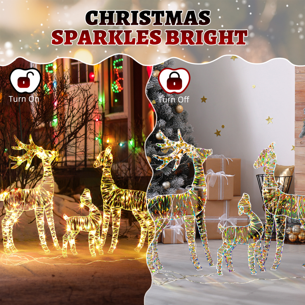 3-Piece Lighted Iridescent Christmas Reindeer Family Set Outdoor Decorations, Weather Proof Deer Family Set of 3 Christmas Ornament Home Decor Pre-lit 110 LED Warm White Lights, 2.4FT - SGP Garden Ltd